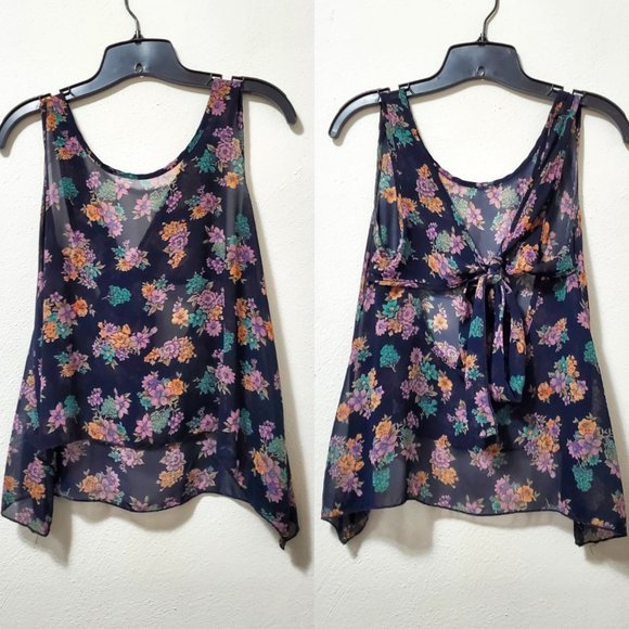 Tops - Women's Navy Blue Floral Sheer Tie Tank